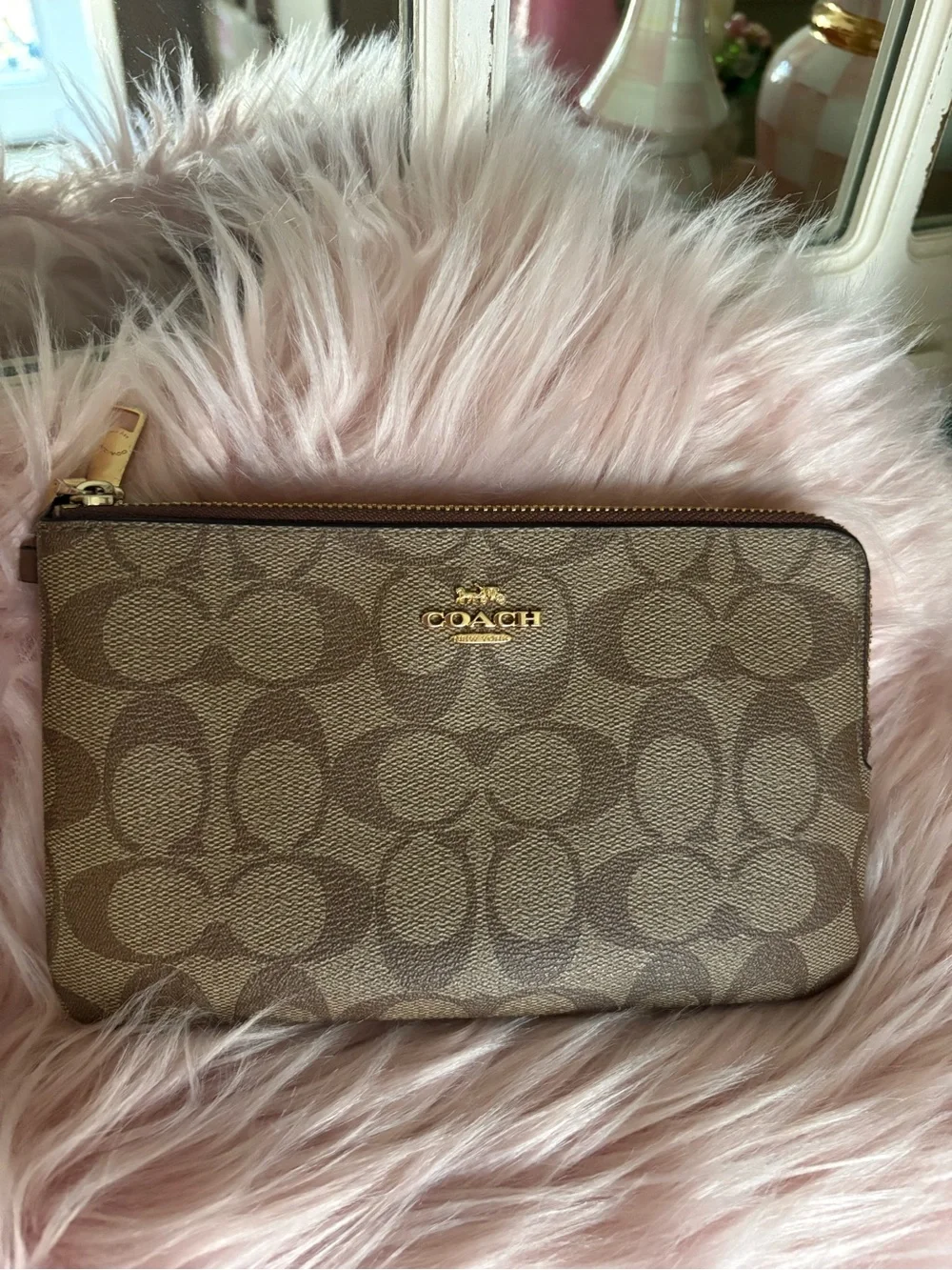 Coach Brown Signature Canvas Zip Wristlet with Gold Logo
